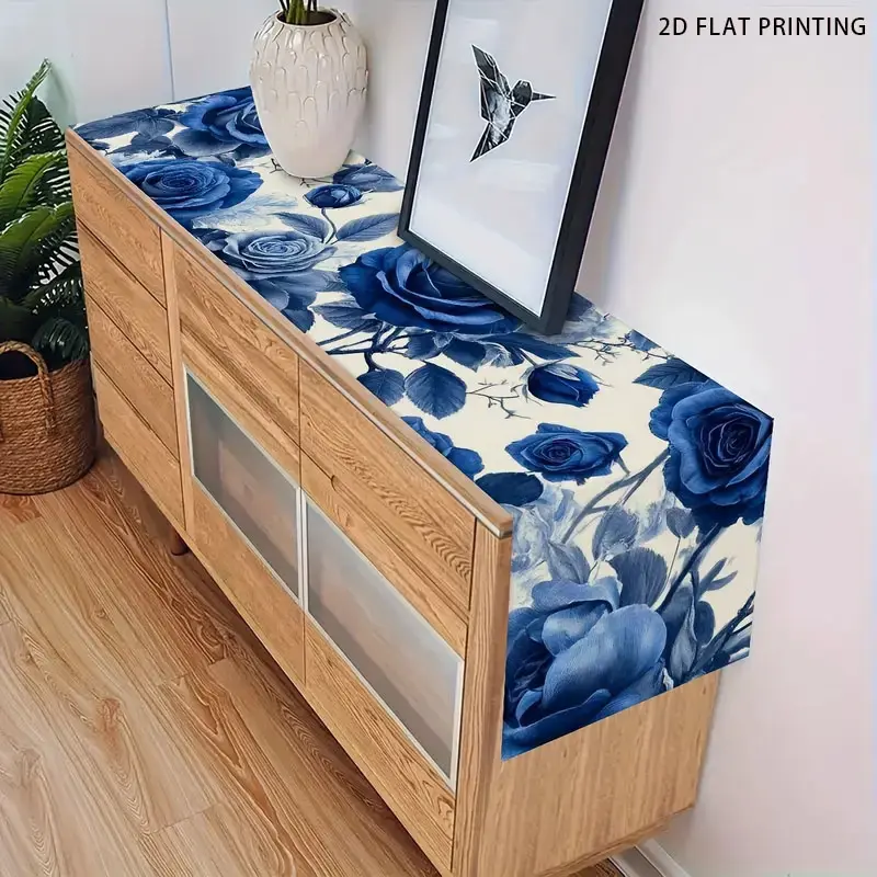 1 piece/4 piece/5 piece set/7 piece set, blue rose flower pattern seasonal table flag and matching placemat, family gathering table decoration, indoor and outdoor celebration kitchen household items, suitable for daily use