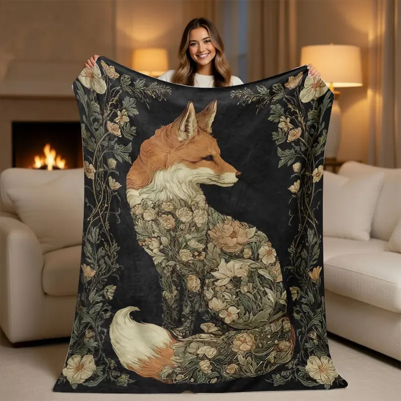 Floral Fox Blanket - Cozy Flower, Animal Artwork, Botanical, Character Art, Art Graphic Blanket, Decorative Throw for Bedroom, Living Room, Soft Home Decor, Flower Blankets, Animal Artwork Blankets