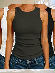 Women's Sleeveless Basic Knit Ribbed Cross Back Tank Top Shirt Set, Fitted Casual Style, Plain Pattern, 3 Piece Set