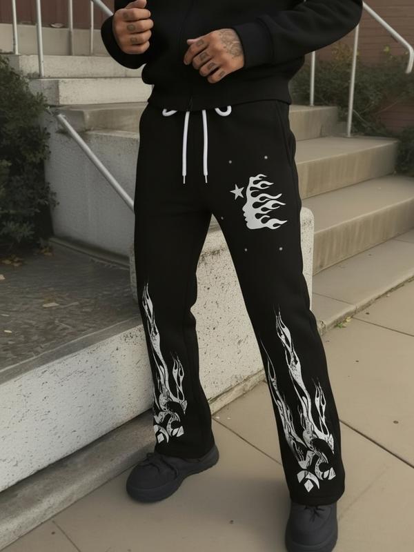 Unisex Black Flame & Star Graphic Print Sweatpants Streetwear Gothic Casual Drawstring Joggers 100% Polyester Unique Design