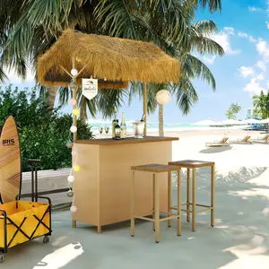 Aobtkel®GO Hawaiian-style Bar Height Patio Set with PE Grass Canopy, Outdoor Bar Table and Stools with Adjustable Feet, Acacia Wood Top, for Dining and Drinking, Natural    RR
