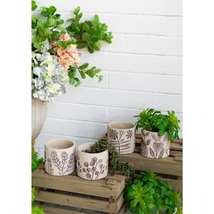 Set of 4 4.3x4.3x4" Gray Sand and Cement Planters with Brown Botanical Motifs