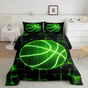 Feelyou Basketball Themed Bedroom Bedding Set - Green Black Geometric Honeycomb Gaming Sports Style, Luxury Decorative Bedding Set with Breathable Material, Includes Duvet Quilt
