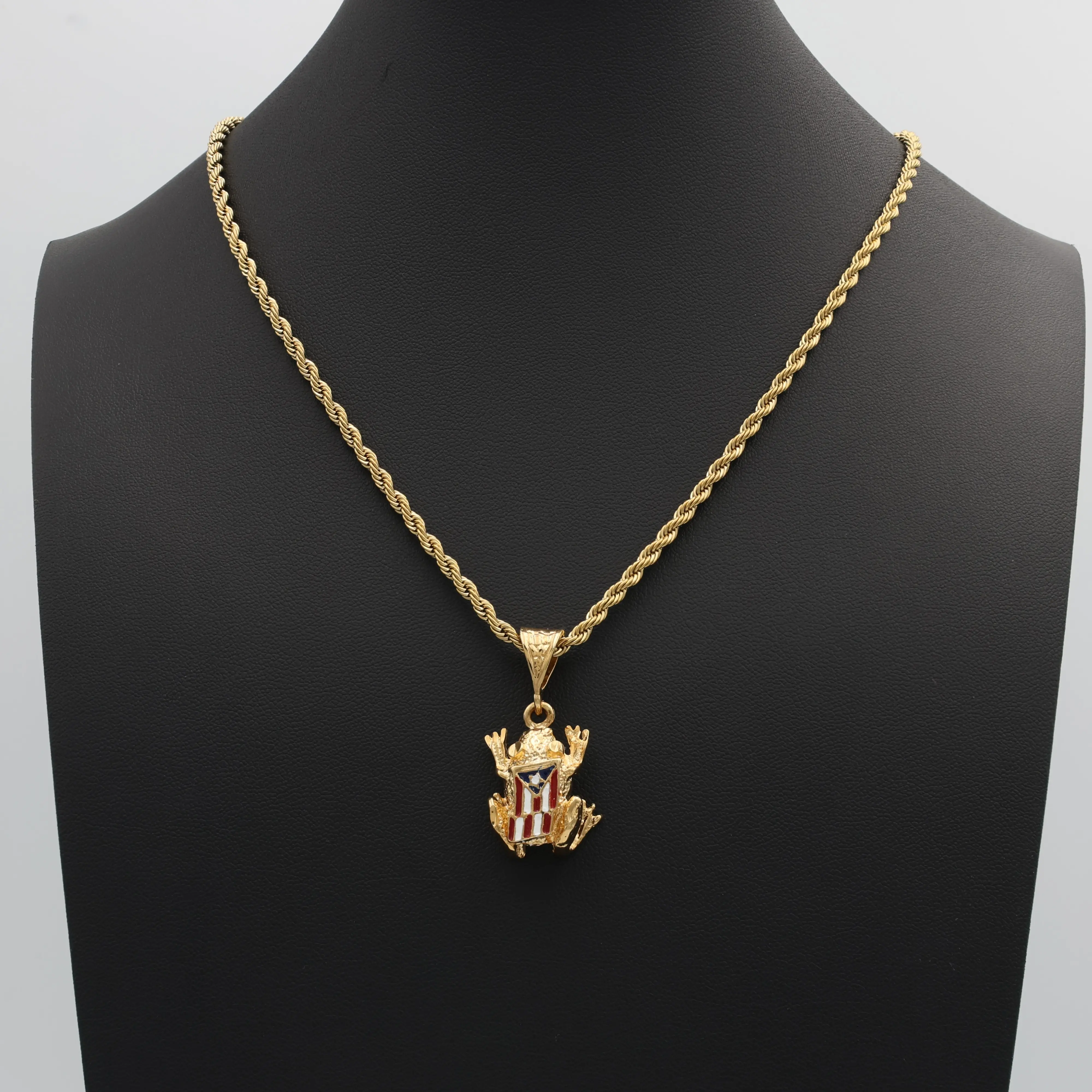 Gold Coqui Frog Necklace: Puerto Rico Flag Pendant, 3mm Rope Chain, 14k Heavy Plated
