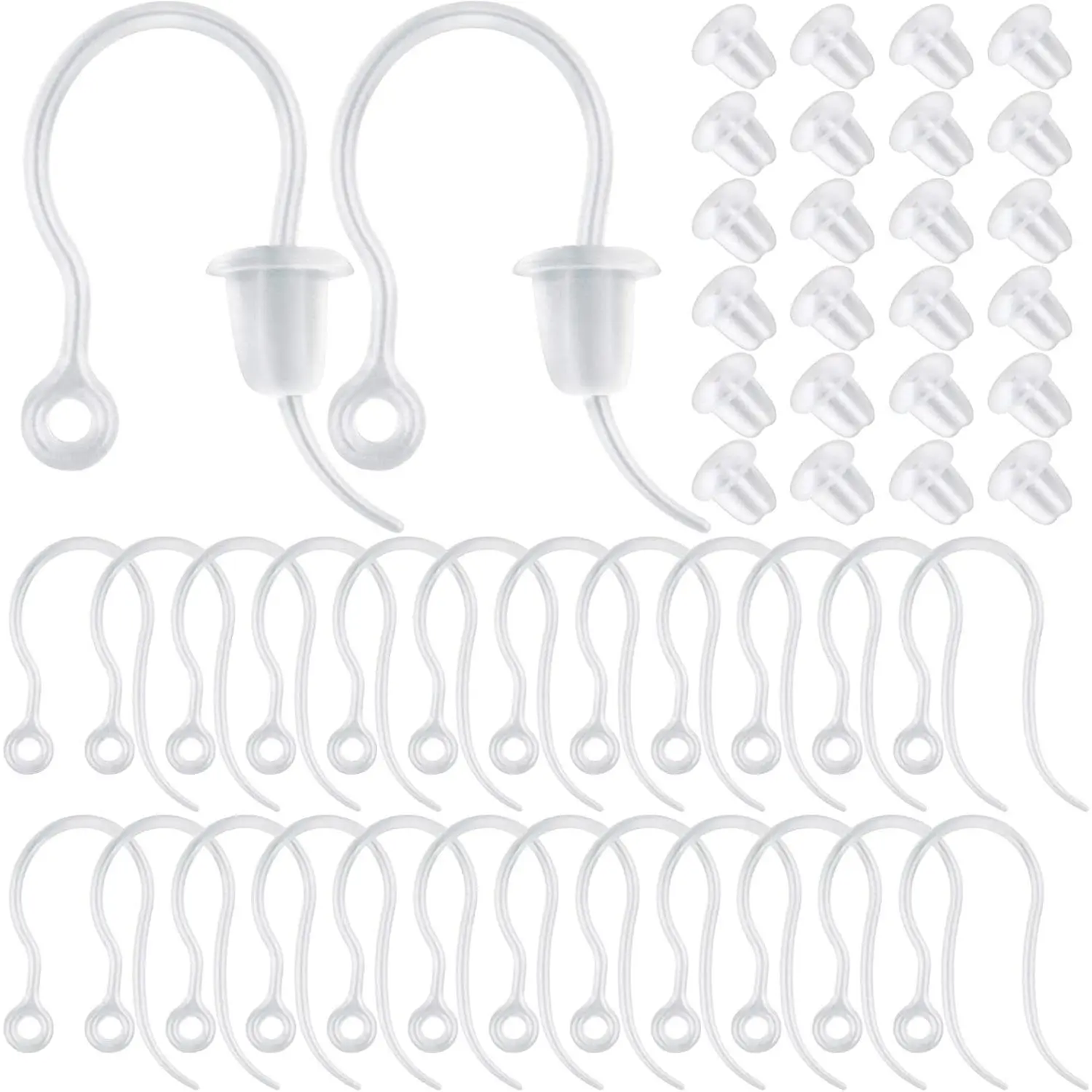 100pcs Clear Plastic Earring Hooks Ear Wire with Loop French Fish Hooks and 100pcs Transparent Earring Stoppers for DIY Earrings Jewelry Making Craft Decoration