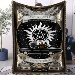 Supernatural-Inspired Anti-Possession Symbol & Classic Car Print Flannel Blanket, Hunting-Themed Throw Blanket, Soft Plush Warm Blanket for Couch Bed, Unique Fantasy Fan Gift Blanket with Vivid Digital Dye Print, Cozy Lightweight for All Season Use