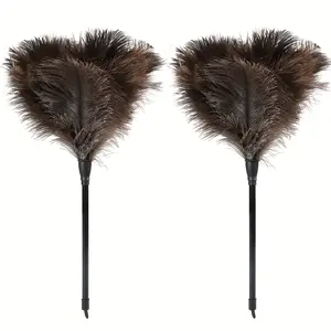 2pcs Portable 15-Inch Mini Washable Reusable Ostrich Feather Duster Brush, Anti-Static with Long Plastic Handle, Suitable for Cars, Keyboards, Office Furniture