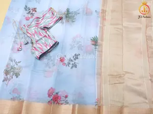 Blue Handloom Organza Printed Saree with Stitched