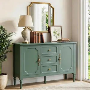 Buffet Cabinet with Storage, Vintage Sideboard with 2 Doors & 3 Drawers, Coffee Bar Table with Solid Wood Legs, Mid Century Modern Painted Credenza for Kitchen, Dining Room, Green