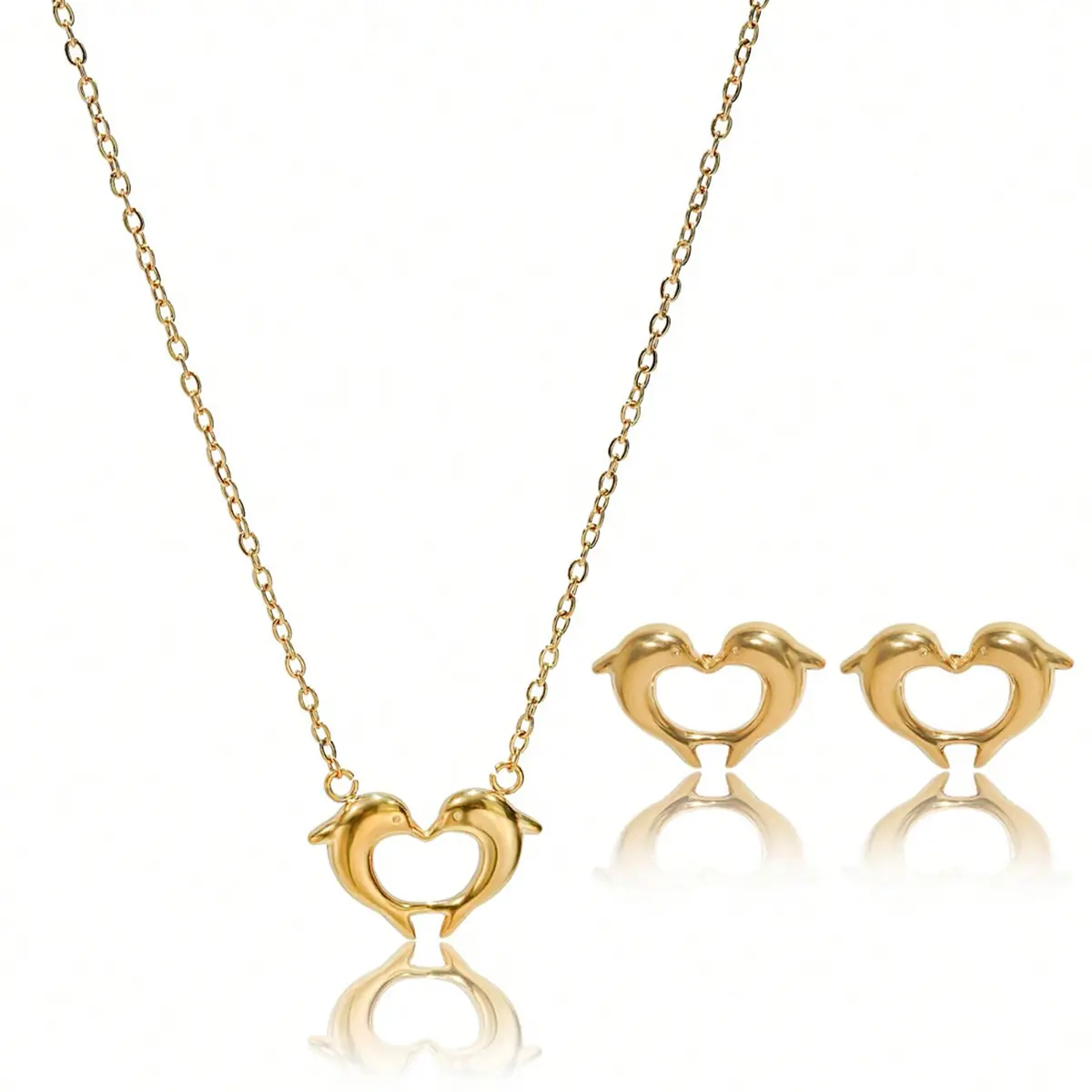 18K Gold Plated Heart Dolphins Mirror Jewelry Set, Hypoallergenic Skin-Safe Necklace & Stud Earrings for Couple's Gift/Daily Wear, Never-Fade Adjustable Luxury with Precision-Cast Symmetry