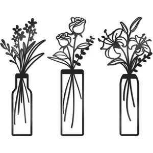 3 Pcs Large Black Metal Flowers and Vases Wall Decor Farmhouse Metal Flowers Wall Art Minimalist Art Flower Arrangement for Living Room Bedroom or Kitchen (Black, Floral C)