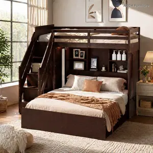 ARCH Twin-over-Full Bunk Bed - Child-Friendly Multi-Child Bed with Storage Stairs, Wardrobe, USB Ports, and Light, Espresso, Child-Friendly Beds, Multi-Child Beds