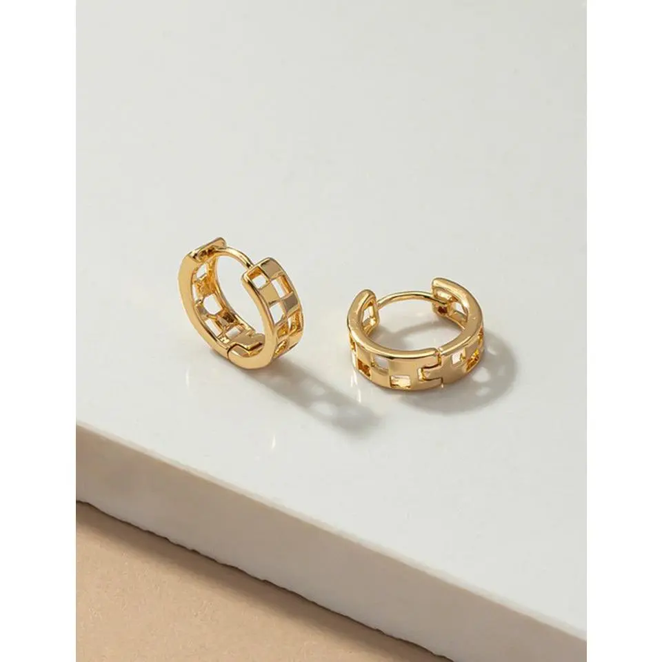 Brass Checkered Huggie Hoop Earrings