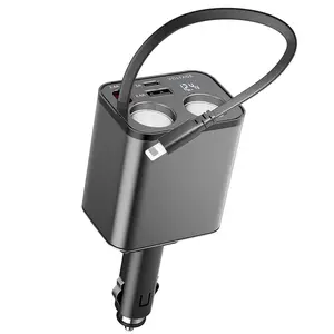 5-in-1 Retractable Car Charger - 2.6ft Fast Charging Cigarette Lighter Splitter (2 Sockets) for iPhone 14/13/12/11 & USB Devices