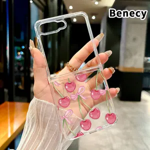 Cherry Bows Pattern Transparent Phone Case for Z Flip 7/6/5/4, Folding Design with Central Axis Protection and Full Lens Coverage