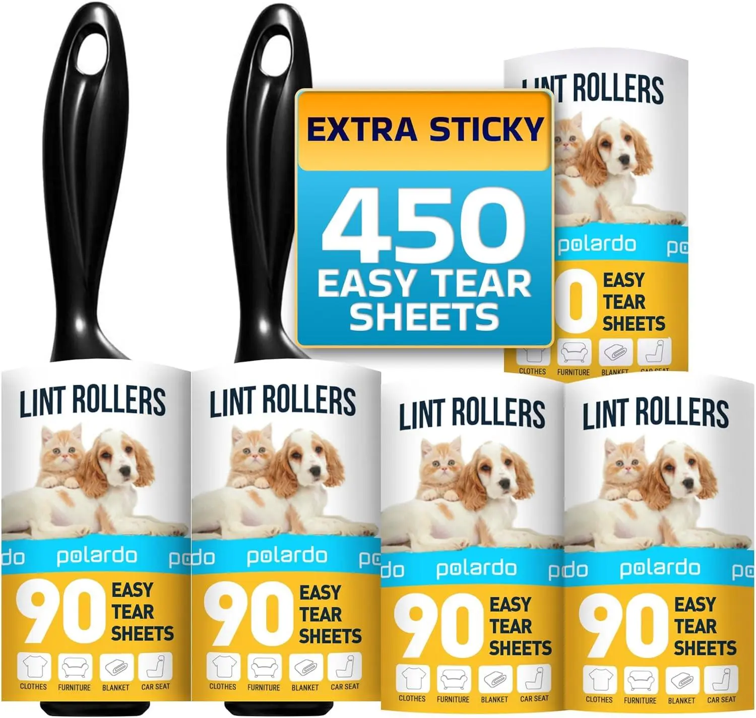 Lint Rollers for Pet Hair, White, Sticky Remover for Couch, Clothes, Furniture and Carpet, Dog and Cat Fur Remover, Animal Fuzz, 5 Large Sticky Rollers Polardo