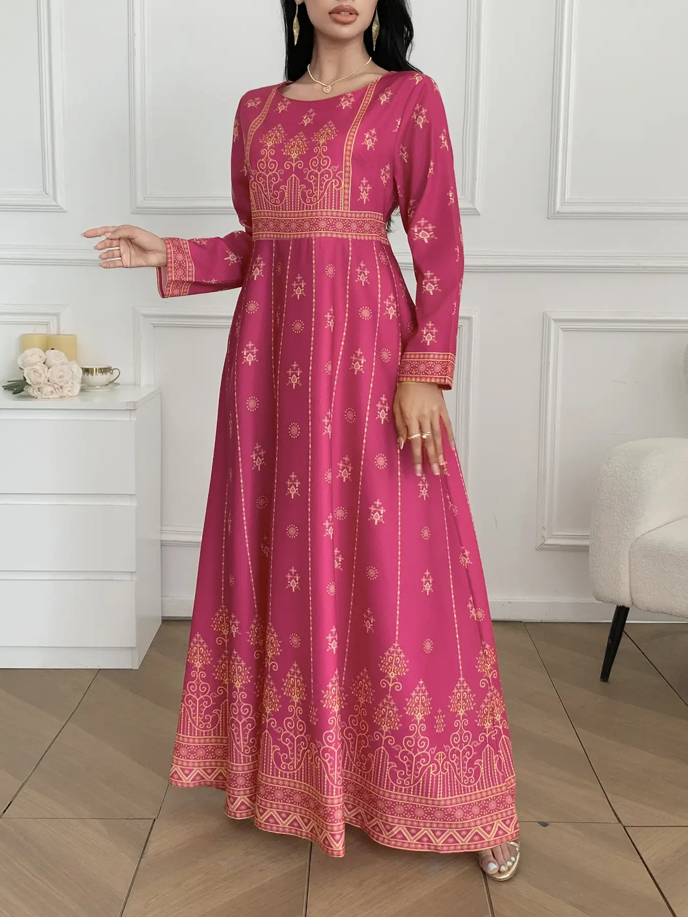 Elegant Long Sleeve Dress, Round Neck Printed Slimming Vacation Retro Design, Unique Style Belly Concealing Maxi Dress