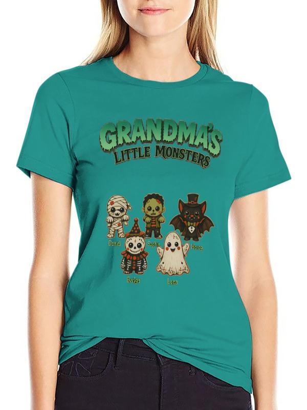 Women's Cotton Crew Neck Halloween Graphic Shirt - Grandma's Little Monsters Prints, Mummy Zombie Ghost Bat Designs, Breathable Fitted Cut Beach Top, Casual Short Sleeve Shirts for Women, Soft Fabric #sohochic