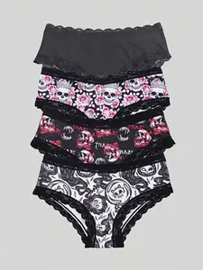 Morvia 4Pcs Sexy Cute Gothic Style Women's Panties Set, Soft Lace Underwear, Breathable Daily Wear, All-Seasons Casual Fit