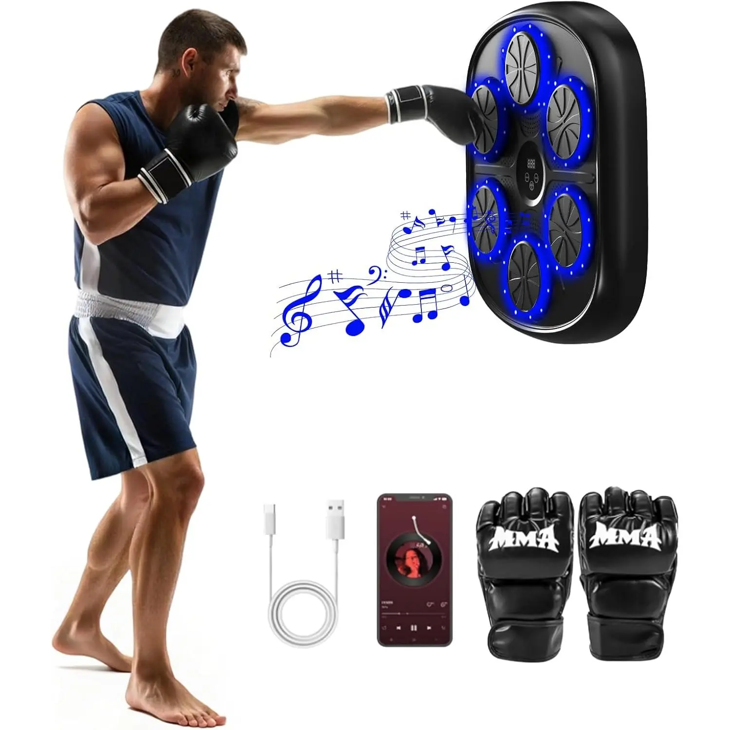 Upgraded Large Size Music Boxing Machine for Kids & Adults, Smart Bluetooth Boxing Machine Wall Mounted with LED, 9 Modes & 9 Speeds, Punching Workout Machine with Boxing Gloves