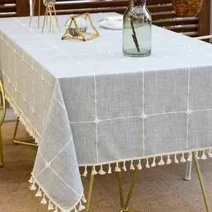 Plaid Tablecloth with Fringe, Elegant Mixed Fabric, Rectangular, Dual Layer Plaid, Embroidery, Handmade Fringe, Stain-Resistant, Non-Slip