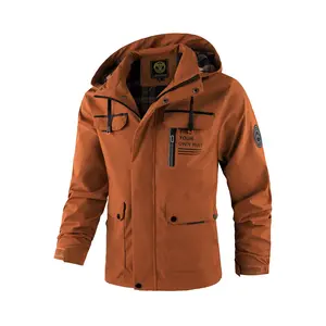 Men's Orange Letter-Printed Button Pocket Zipper Hooded Waterproof Jacket Windbreaker Long Sleeve Outerwear Stylish Casual Coat Tops
