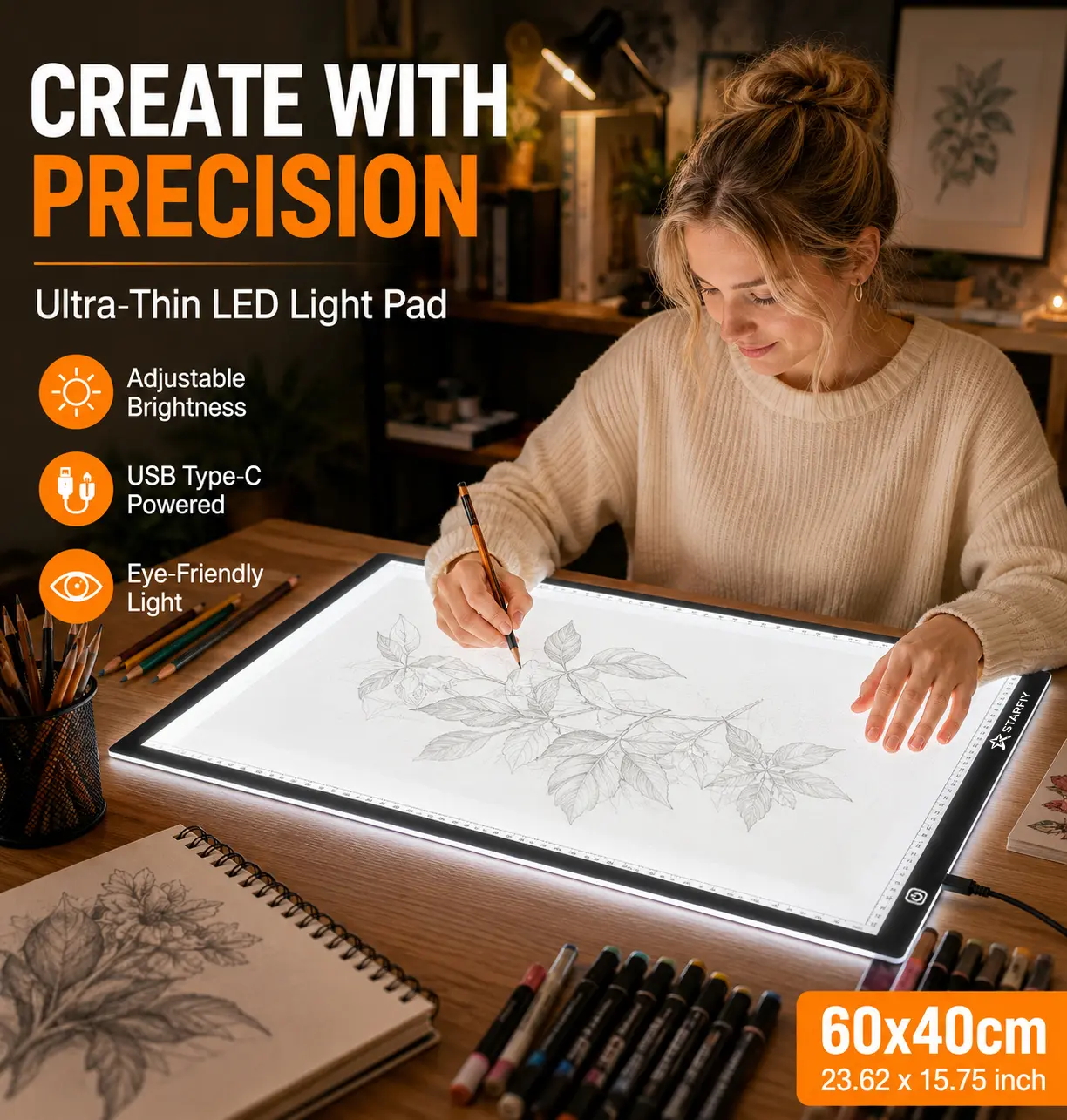 A2 LED Light Pad - 60x40cm Dimmable Brightness Diamond Painting Board with Built-In Ruler, 3-Level Dimming, Lighted Surface, Lightweight Ultra-Thin Type-C Precision Tracing Pad for Artists' Drawing Supplies
