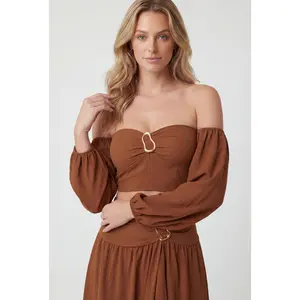 Kiss Dont Tell - Women's Zainab Off-The-Shoulder Crop Peasant Blouse, Polyester Fabric Casual Fit