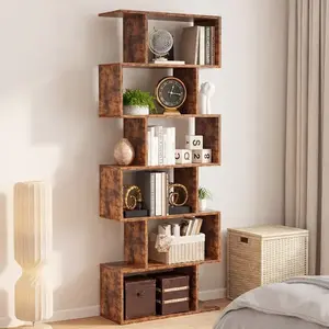 62.6" Tall S-Shaped Bookcase, 6-Tier Geometric Bookshelf, Modern Room Divider Shelf, 30LBS Per Shelf Storage for Living Room, Bedroom, Office