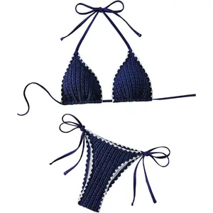 Women's 2 Piece Triangle Halter Bikini Sets Textured Tie Side High Cut Thong Bikini Trendy Cute Bathing Suit