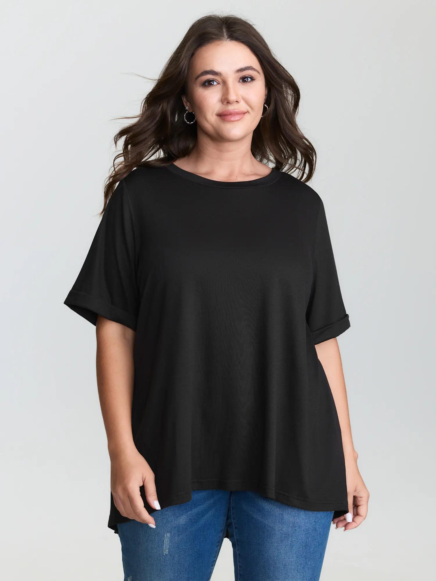 Women's 2-Pack Minimalist Fitted Stretchy Round Neck Rolled Cuff Short-Sleeve T-Shirts - Smooth Pleated Polyester Garment, Low Iron 2026 Summer Wardrobe Staples, Fabric, Regular Fit, Polyester Blend, Simple Fit