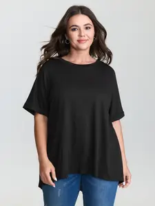 Women's Basic 2-Pack Stretchy Round Neck Rolled Cuff Shortsleeve T-Shirts - Smooth Pleated Fabric Polyester Clothes, 2026 Summer Fit-Focused Top, Easter Holiday Gift for Ladies [M-6X],Summer wins,Deals for you days Womenswear
