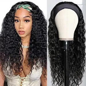 Bling Hair Headband Wig Deep Wave Human Hair None Lace Front Wig Human Hair Machine Made Wigs Glueless Curly Hair Headband Half Wigs for Black Women Human Hair Natural Color