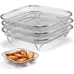 3-piece square air fryer basket set, stackable stainless steel air fryer basket accessories, deep dehydration rack, suitable for baking, roasting, oven, and dishwasher
