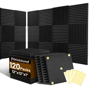 Soundproofing Focusound 12 Grooves 120 Packs Noise Reduction Foam Panels 1" x 12" x 12" with 520PCS Double-Side Adhesive. Noise-Cancelling Foam Panels optimize sound quality for room decoration, ideal for creators, streamers, and gamers. Room Accessories.