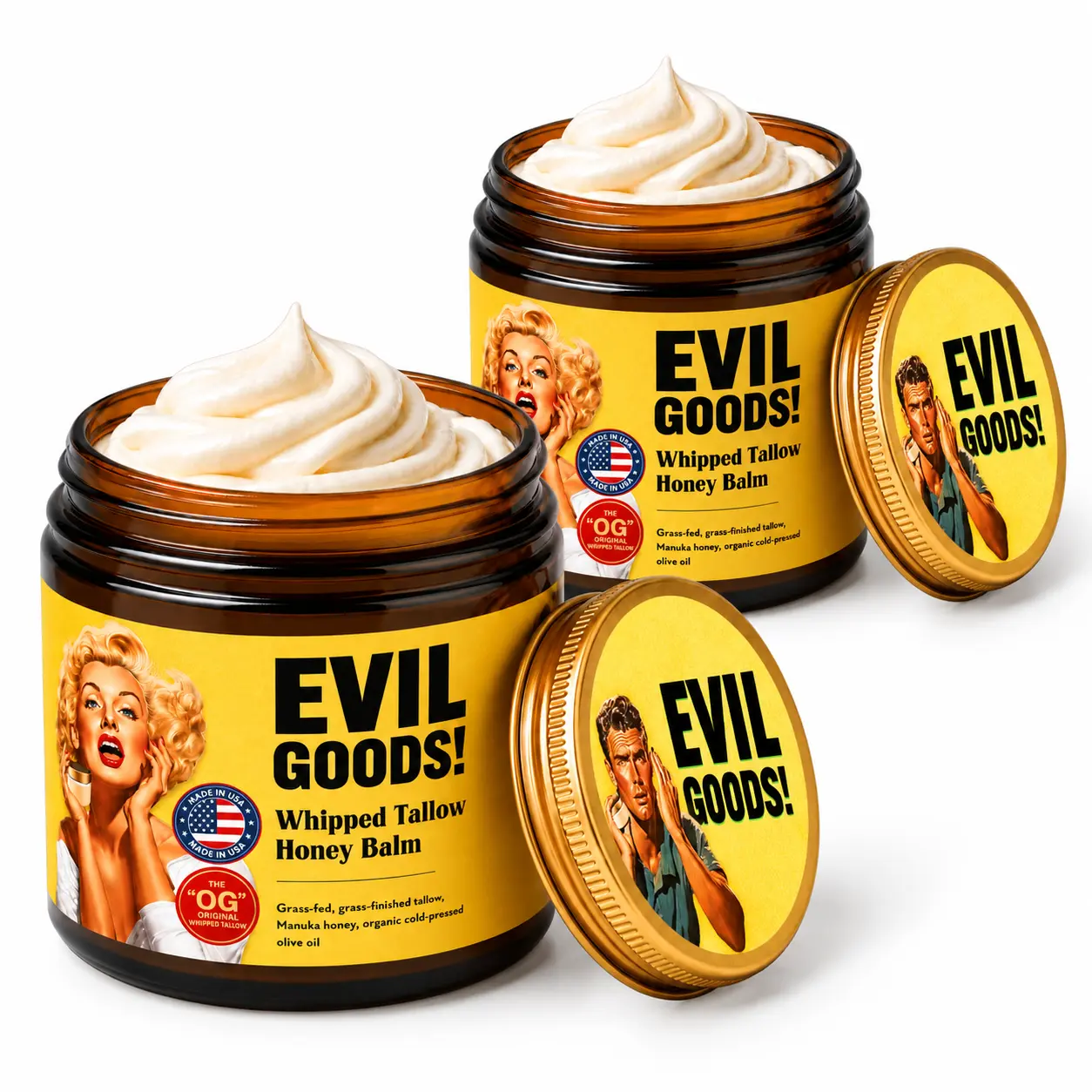 EVILGOODS Whipped Beef Tallow Balm with Manuka Honey & Natural Oils - Organic Nourishing Moisturizer for Adults' Face, Body, Lips, Beef Tallow for Skin, 2-Pack Organic Moisturizers & Mists