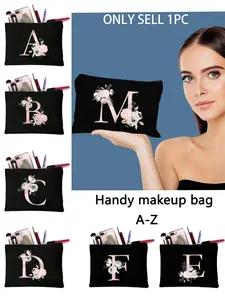 Letter A-Z Floral Print Makeup Bag, Women's Cosmetic Pouch, Wallet, Initial Pattern Toiletry Storage Bag, Wedding Party Wash Bag, Makeup Organizer Pouch, Handheld Cosmetic Pouch