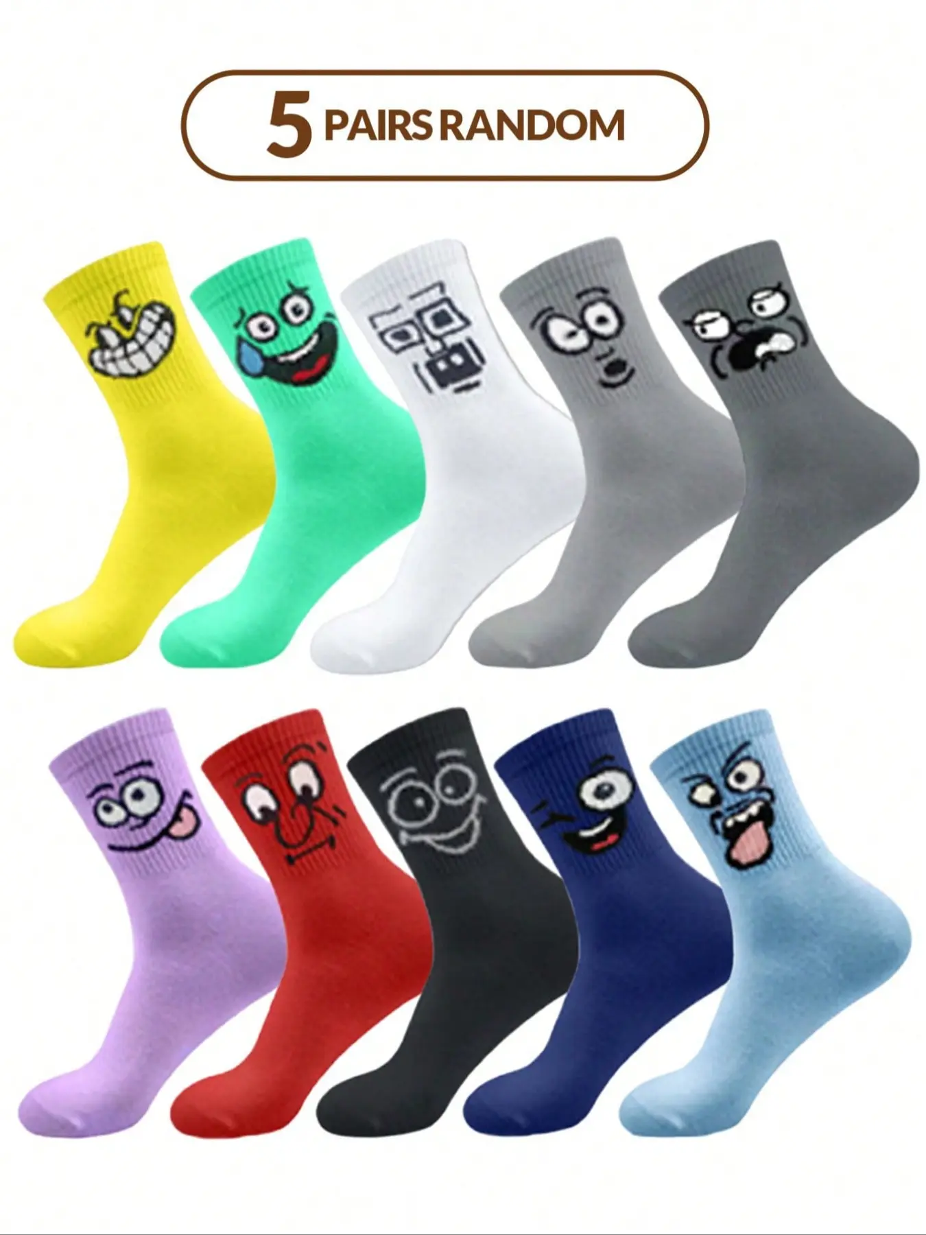 5 Pairs Random Couple Socks, Multi-Color Fun Expression Patterns, Ribbed Cuff Mid-Calf Socks, Casual Daily Wear, Casual Comfy Socks, Sock Sets, Sock Packs
