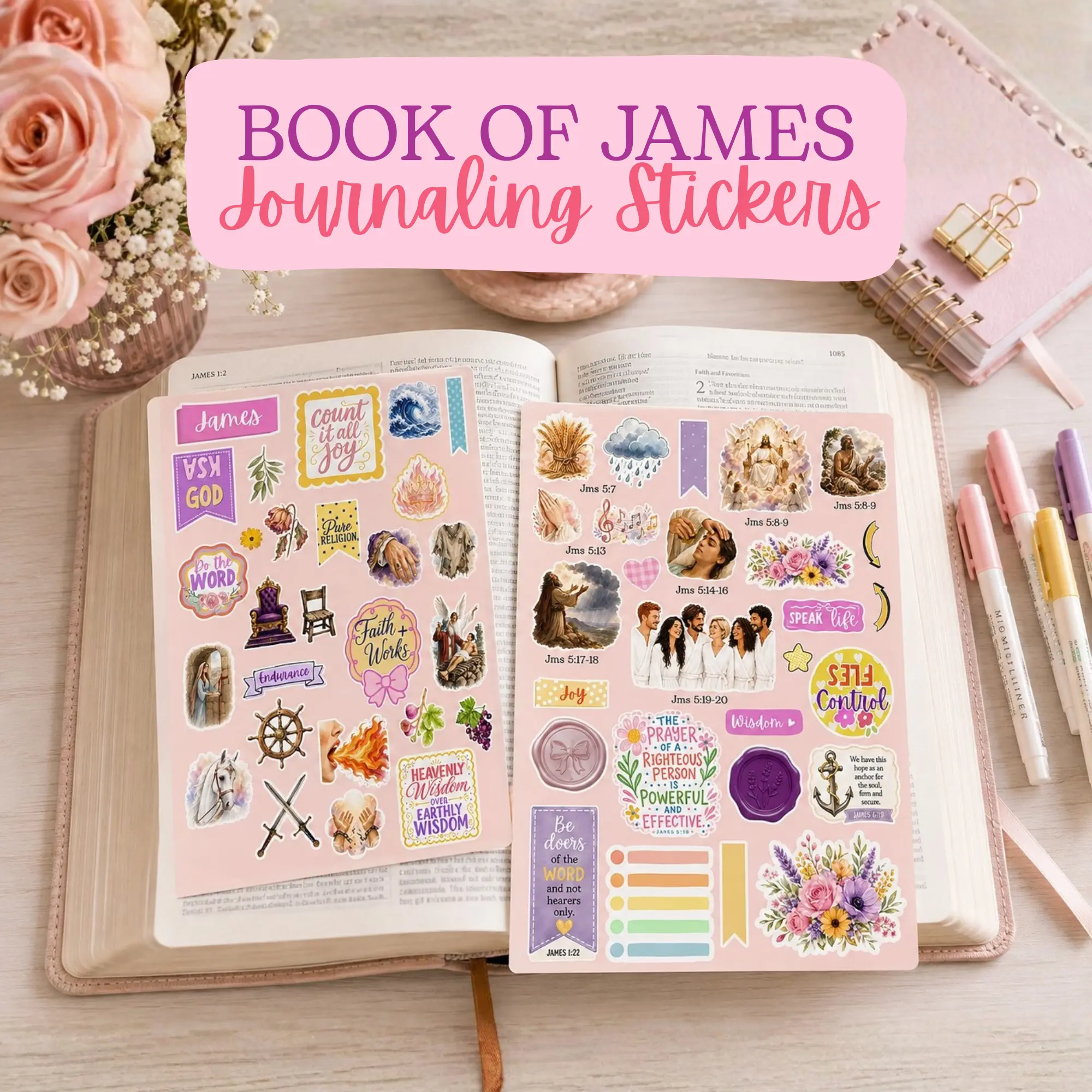 Book of James Bible Journaling Stickers Kit | Christian Bible Study Supplies | Faith Journaling Stickers for Women | James Study Bundle