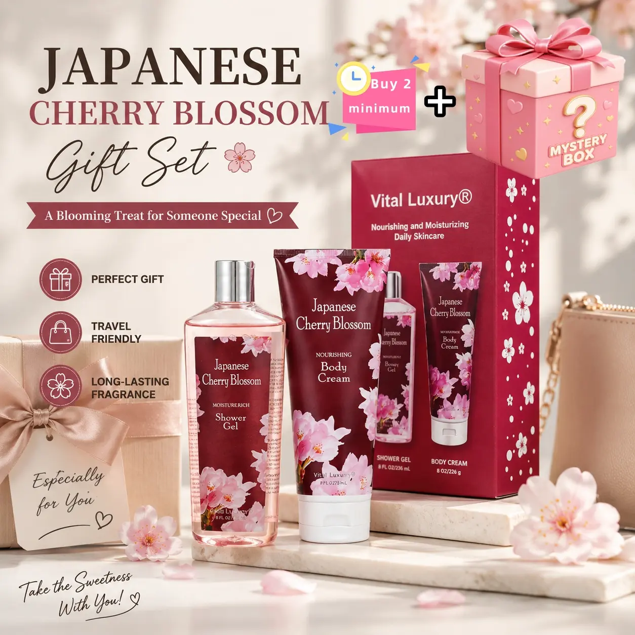 Vital Luxury Japanese Cherry Blossom Scented Body Care Travel Gift Set - 236ml Multi-Pack, Shower Gel, Lotion, Mist, Rich Lather,  Freshness, Moisturizer, Hydrating, Revitalizing Aroma, Lightweight Cream, Ideal Women's Beauty Bath Kit Gift friend sister
