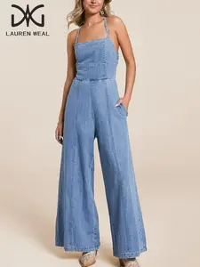Women's   Tie Back   Denim Jumpsuit, Casual Fashion Wide Leg Jumpsuit for Daily Wear, Ladies Clothes for All Seasons