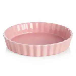 Delightful Desserts 9.5 Inch Round Wavy Rim Ceramic Cake Pan in Pink for Perfect Bakes