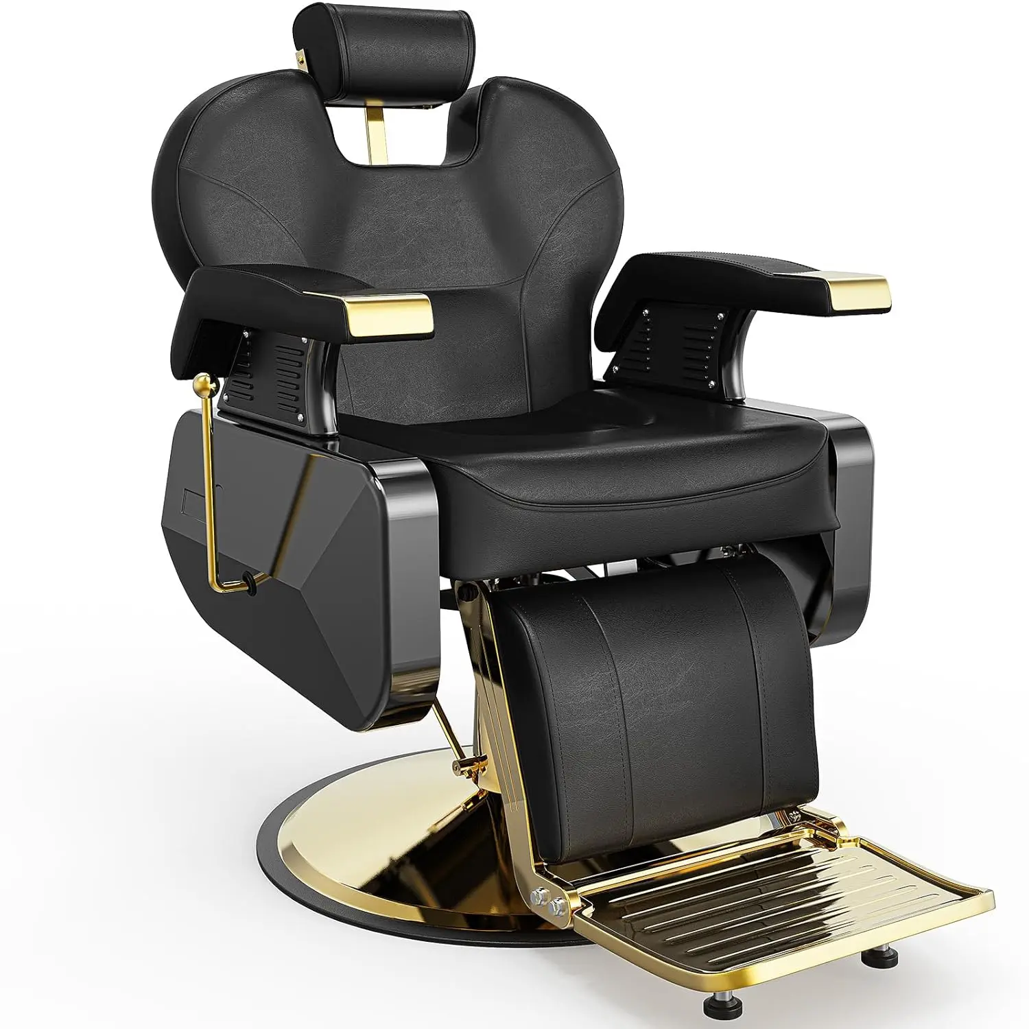 OmySalon Sturdy Hydraulic Barber Chair - 360-Degree Swivel, Reclining, Height-Adjustable, Foam Cushioned Seat & Back, PU Leather, Footrest, Metal Round Base, Easy Assembly Ergonomic Heavy-Duty Commercial Salon Furniture for Hairdressers (Gold & Black), Hy