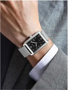 DJANES 1pc Men Silver Stainless Steel Strap Business Date Square Dial Quartz Watch for Daily Life