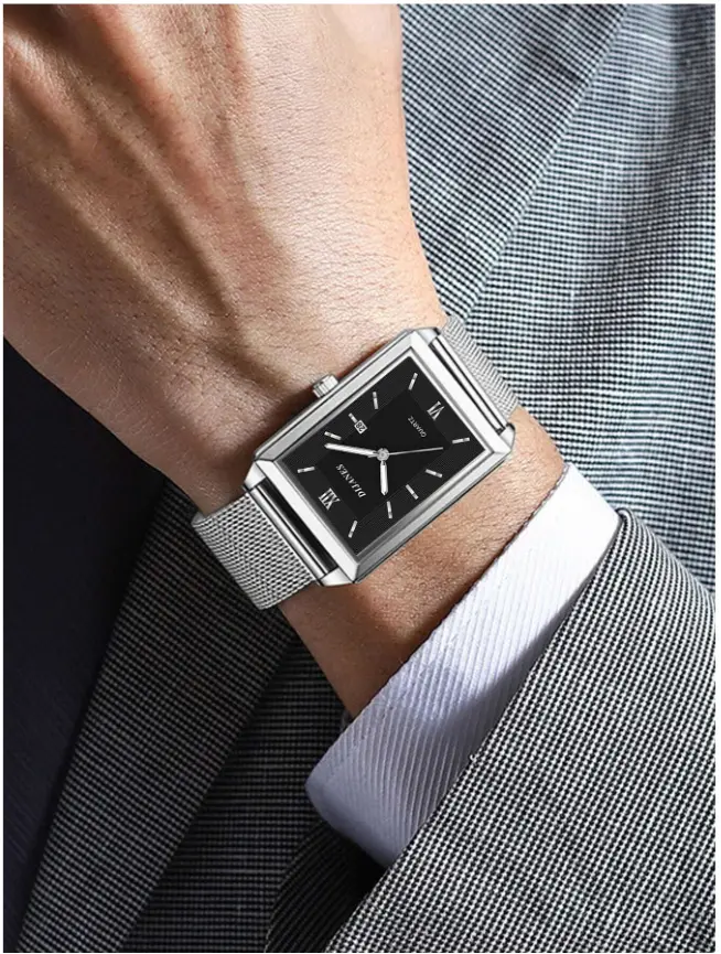 DJANES 1pc Men Silver Stainless Steel Strap Business Date Square Dial Quartz Watch for Daily Life