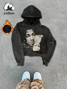 Heavy metal concert youngboy never broke again cotton men's street retro style washed hooded sweatshirt fashionable trendy casual men's tops, men's long sleeve plus velvet autumn and winter style