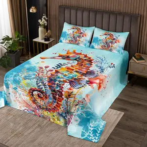 Seahorse Bedspread,Ocean Creature Themed Quilted Coverlet,Sea Creature Underwater World Coverlet Set,Marine Life Sealife Quilted,Underwater Quilt Set