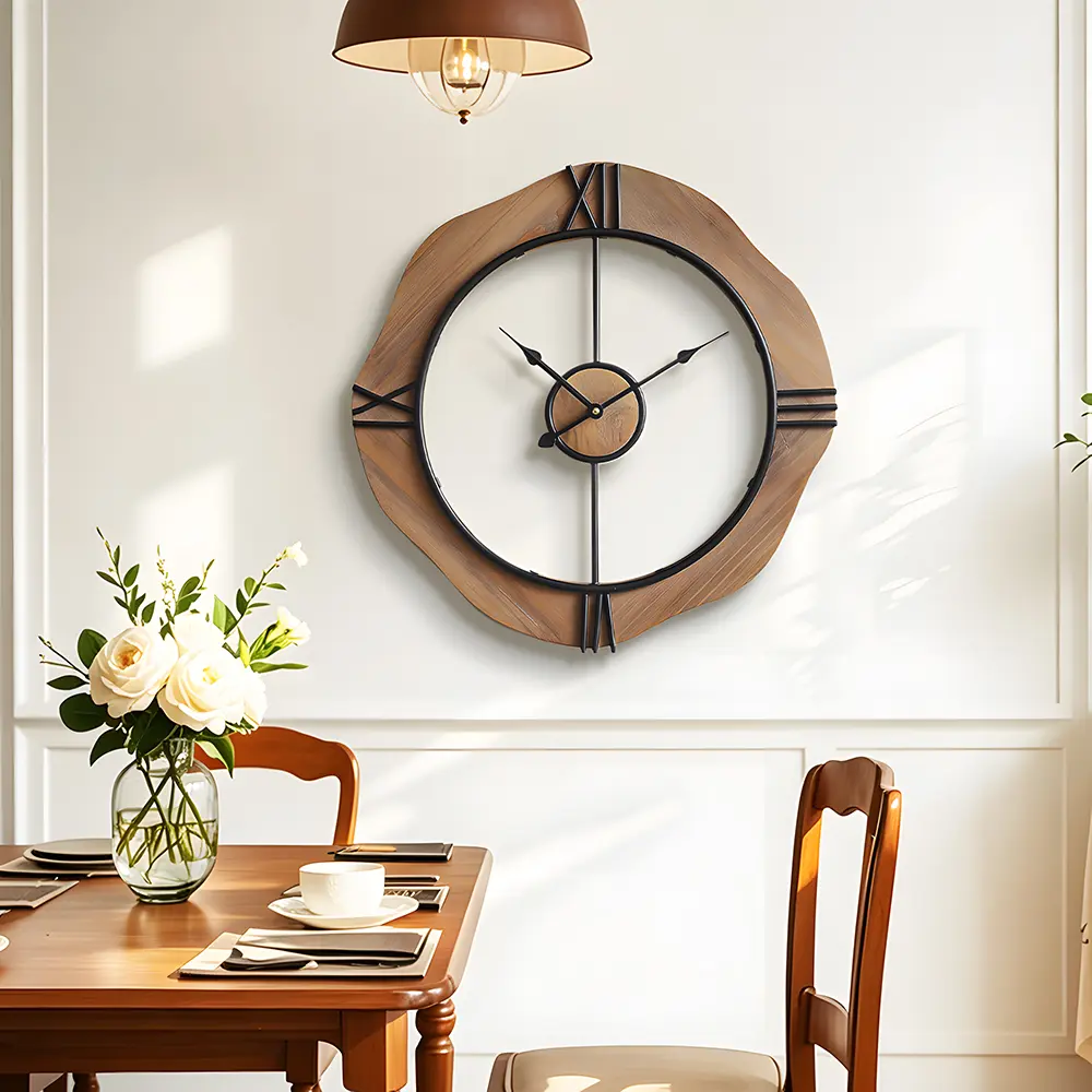 24 Inch Large Wall Clock, Non Ticking, Rustic Farmhouse Wood & Metal Frame with Hollow-Cut Dial, paired with a 24-inch large easy-to-read clock face for Living Room Decor