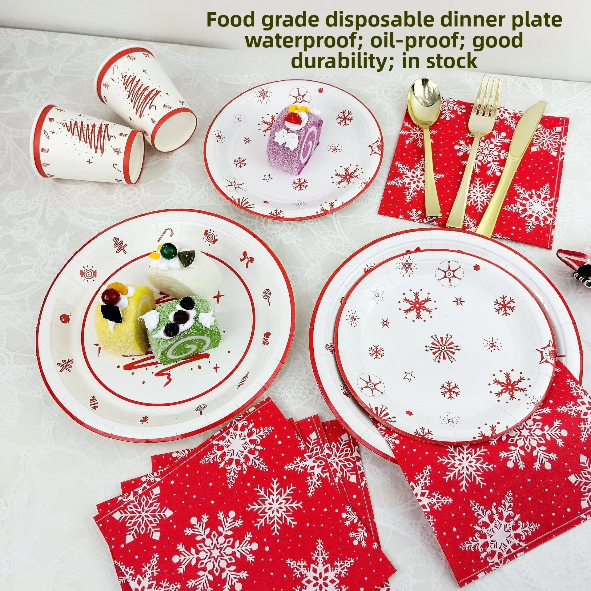 Party paper plate disposable tissue set red snowflake, beautiful and simple