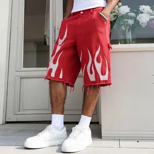Men Street Style Denim Shorts Vintage Casual Jean Shorts Straight Fit Embroidered Shorts   Summer Red Shorts Suit for Everyday, Work, Holiday, Gift for Boyfriend, Husband, Father
